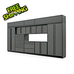 Proslat 12-Piece Glossy Grey Cabinet Set with Black Handles and Stainless Steel Worktop
