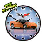 Collectable Sign and Clock C6 Corvette Inferno Orange Backlit Wall Clock