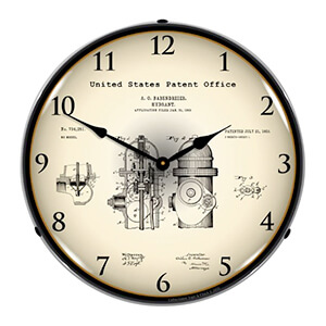 1903 Fire Hydrant Patent Blueprint Backlit Wall Clock