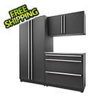 Proslat 4-Piece Mat Black Cabinet Set with Silver Handles and Stainless Steel Worktop