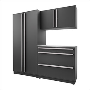 4-Piece Mat Black Cabinet Set with Silver Handles and Stainless Steel Worktop