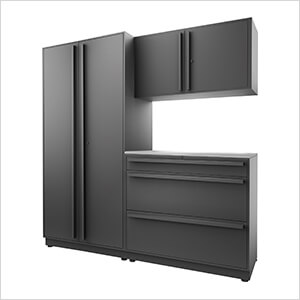 4-Piece Mat Black Cabinet Set with Black Handles and Stainless Steel Worktop