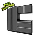 Proslat Garage Cabinets 4-Piece Glossy Grey Cabinet Set with Silver Handles and Stainless Steel Worktop