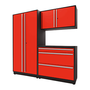 4-Piece Glossy Red Cabinet Set with Silver Handles and Powder Coated Worktop