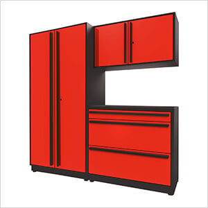 4-Piece Glossy Red Cabinet Set with Black Handles and Powder Coated Worktop