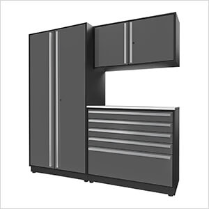 4-Piece Glossy Grey Cabinet Set with Silver Handles and Stainless Steel Worktop