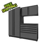 Proslat Garage Cabinets 4-Piece Glossy Grey Cabinet Set with Black Handles and Powder Coated Worktop