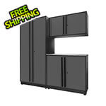 Proslat 4-Piece Glossy Grey Cabinet Set with Black Handles and Stainless Steel Worktop