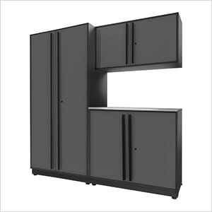 4-Piece Glossy Grey Cabinet Set with Black Handles and Stainless Steel Worktop