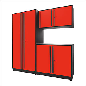 4-Piece Glossy Red Cabinet Set with Black Handles and Stainless Steel Worktop