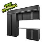 Proslat 7-Piece Mat Black Cabinet Set with Silver Handles and Stainless Steel Worktop