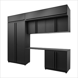 7-Piece Mat Black Cabinet Set with Black Handles and Powder Coated Worktop