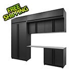 Proslat Garage Cabinets 7-Piece Mat Black Cabinet Set with Black Handles and Stainless Steel Worktop