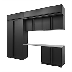 7-Piece Mat Black Cabinet Set with Black Handles and Stainless Steel Worktop