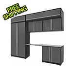 Proslat Fusion Plus 7-Piece Glossy Grey Garage Cabinet Set with Silver Handles and Stainless Steel Countertop