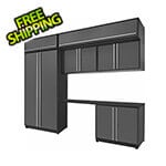 Proslat Garage Cabinets 7-Piece Glossy Grey Cabinet Set with Silver Handles and Powder Coated Worktop