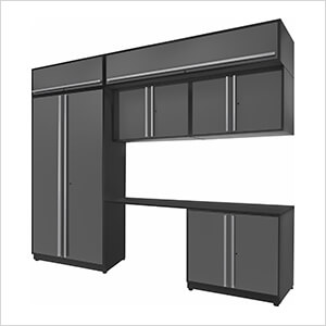 7-Piece Glossy Grey Cabinet Set with Silver Handles and Powder Coated Worktop