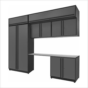 7-Piece Glossy Grey Cabinet Set with Black Handles and Stainless Steel Worktop