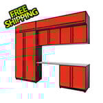 Proslat 7-Piece Glossy Red Cabinet Set with Black Handles and Stainless Steel Worktop