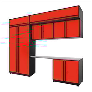7-Piece Glossy Red Cabinet Set with Black Handles and Stainless Steel Worktop