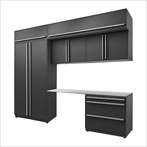 7-Piece Mat Black Cabinet Set with Silver Handles and Stainless Steel Worktop