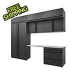 Proslat Garage Cabinets 7-Piece Mat Black Cabinet Set with Black Handles and Stainless Steel Worktop