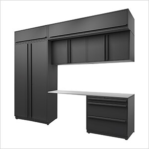 7-Piece Mat Black Cabinet Set with Black Handles and Stainless Steel Worktop