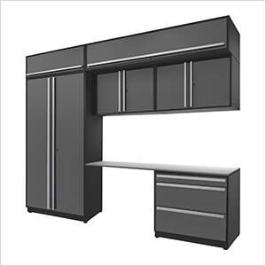 7-Piece Glossy Grey Cabinet Set with Silver Handles and Stainless Steel Worktop