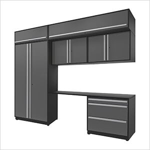 7-Piece Glossy Grey Cabinet Set with Silver Handles and Powder Coated Worktop