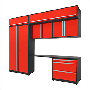 7-Piece Glossy Red Cabinet Set with Silver Handles and Powder Coated Worktop