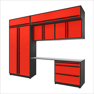 7-Piece Glossy Red Cabinet Set with Black Handles and Stainless Steel Worktop