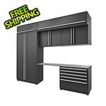 Proslat 7-Piece Mat Black Cabinet Set with Silver Handles and Stainless Steel Worktop