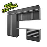 Proslat Fusion Plus 7-Piece Mat Black Garage Cabinet Set with Silver Handles and Stainless Steel Countertop