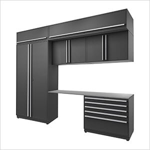 7-Piece Mat Black Cabinet Set with Silver Handles and Stainless Steel Worktop