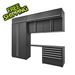 Proslat Garage Cabinets 7-Piece Mat Black Cabinet Set with Silver Handles and Powder Coated Worktop