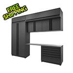 Proslat Garage Cabinets 7-Piece Mat Black Cabinet Set with Black Handles and Stainless Steel Worktop