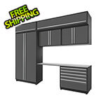 Proslat 7-Piece Glossy Grey Cabinet Set with Silver Handles and Stainless Steel Worktop