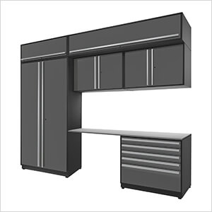 7-Piece Glossy Grey Cabinet Set with Silver Handles and Stainless Steel Worktop