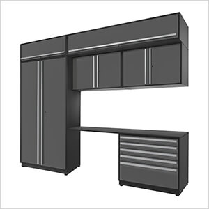 7-Piece Glossy Grey Cabinet Set with Silver Handles and Powder Coated Worktop