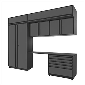 7-Piece Glossy Grey Cabinet Set with Black Handles and Powder Coated Worktop