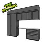 Proslat 7-Piece Glossy Grey Cabinet Set with Black Handles and Stainless Steel Worktop