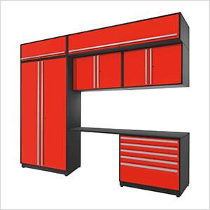 7-Piece Glossy Red Cabinet Set with Silver Handles and Powder Coated Worktop