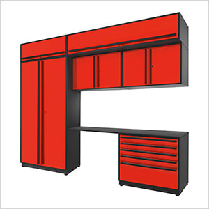 7-Piece Glossy Red Cabinet Set with Black Handles and Powder Coated Worktop