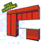Proslat 7-Piece Glossy Red Cabinet Set with Black Handles and Stainless Steel Worktop