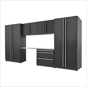 6-Piece Mat Black Cabinet Set with Silver Handles and Stainless Steel Worktop