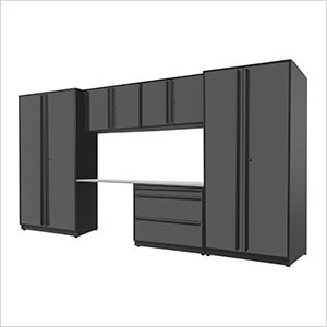 6-Piece Glossy Grey Cabinet Set with Black Handles and Stainless Steel Worktop