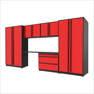 6-Piece Glossy Red Cabinet Set with Black Handles and Powder Coated Worktop