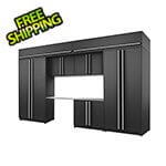 Proslat Garage Cabinets 8-Piece Mat Black Cabinet Set with Silver Handles and Stainless Steel Worktop