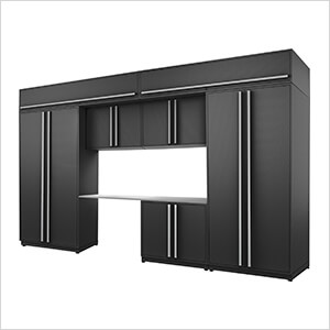 8-Piece Mat Black Cabinet Set with Silver Handles and Stainless Steel Worktop