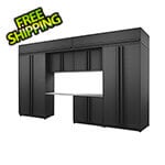 Proslat Garage Cabinets 8-Piece Mat Black Cabinet Set with Black Handles and Stainless Steel Worktop